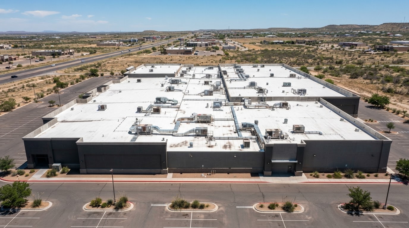 Aerial drone view of a flat-roof retail center in West Texas with a low-slope membrane, parapet walls, and rooftop units under midday sun