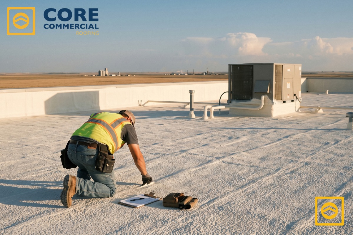 Roofing inspector kneeling to examine the condition of a seamless white spray polyurethane foam (SPF) roof on a commercial building.