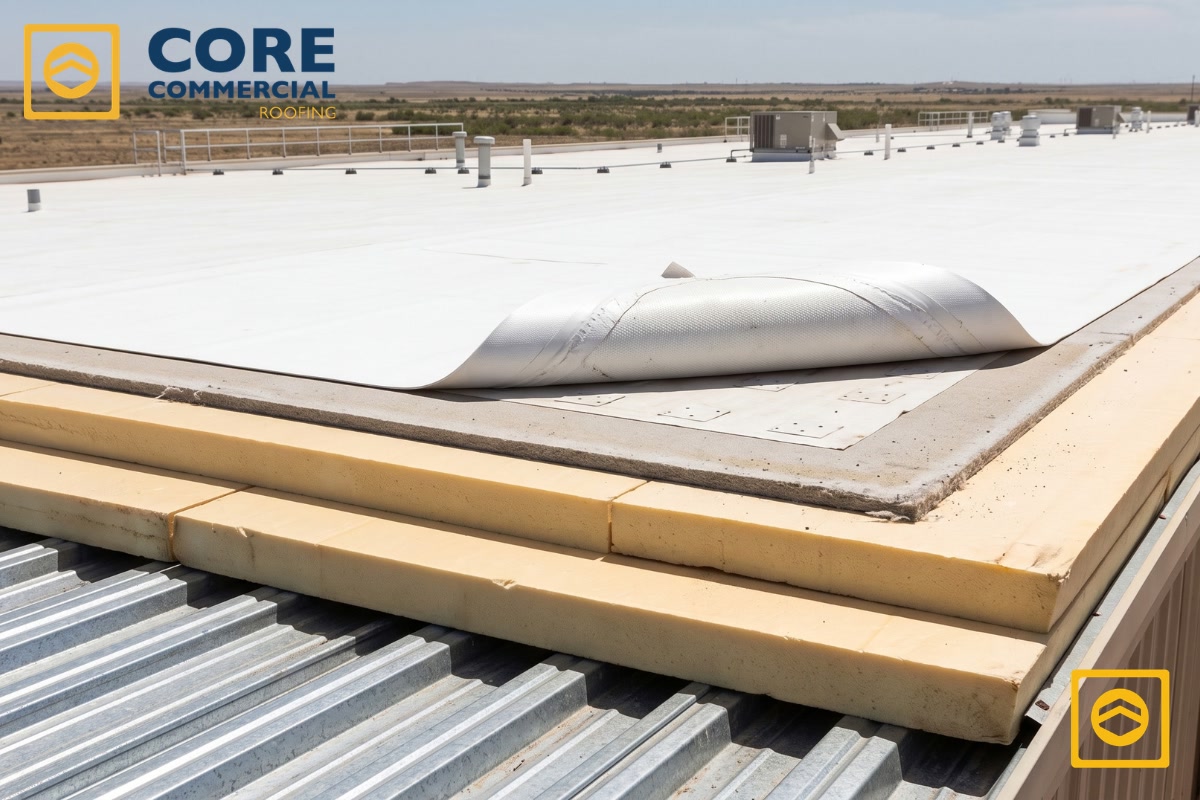 Cutaway view of a commercial flat roof assembly on a warehouse, showing a corrugated steel deck, staggered polyiso insulation boards, and a peeled-back white TPO membrane.