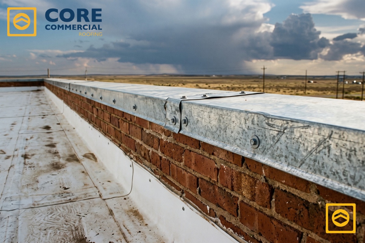 Low-angle view of a commercial brick parapet wall featuring galvanized metal coping, exposed fasteners, and white TPO base flashing against a West Texas sky with distant storm clouds.