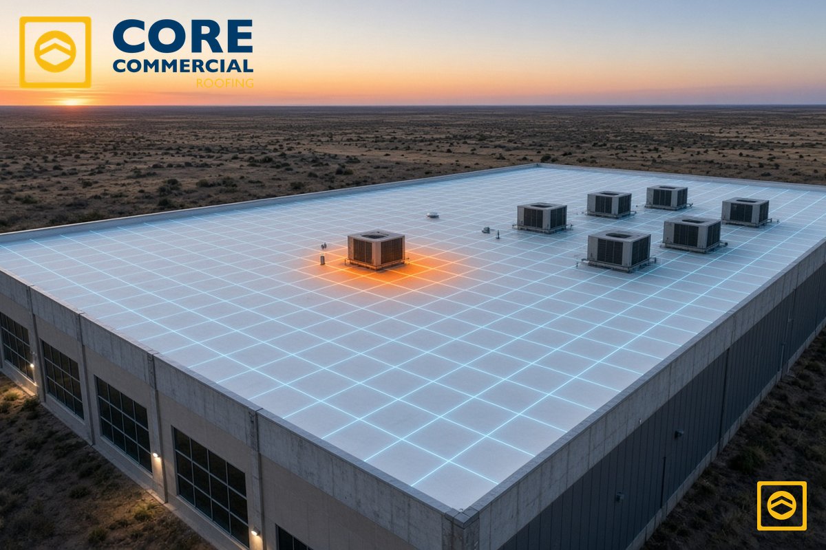 Aerial dusk view of a commercial white TPO warehouse roof in West Texas, featuring a smart sensor grid with an amber-highlighted alert zone near an HVAC unit.